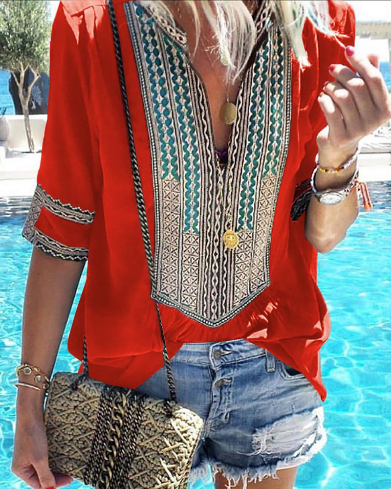 

Ethnic Print Splicing V-Neck Casual Blouse, Red