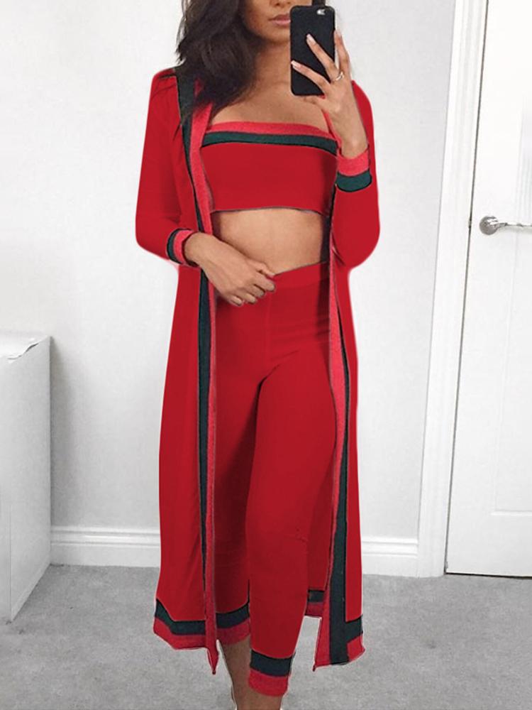 

3PCS Striped Tape Crop Top & Pants With Coat Sets, Red