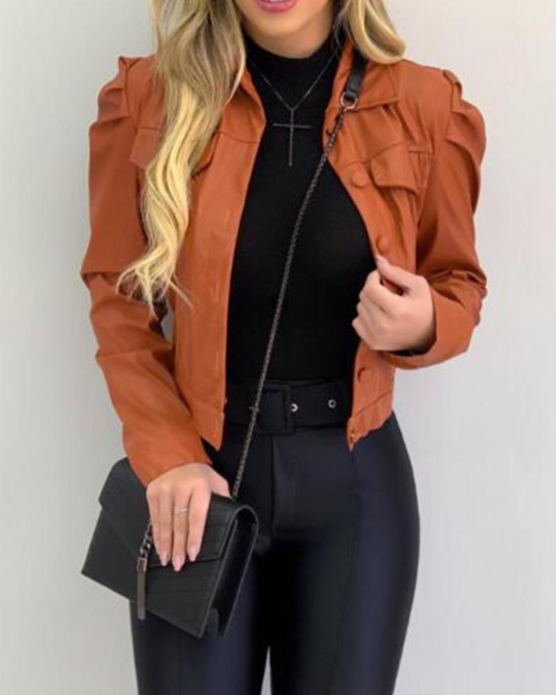 

PU Leather Buttoned Flap Detail Jacket, Orange