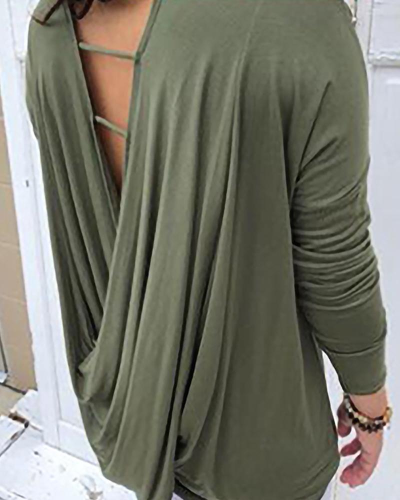 

Solid Cut Out Drape Back Long Sleeve Top, Green