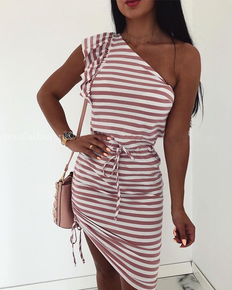 

Striped Ruffles One Shoulder Dress, Pink