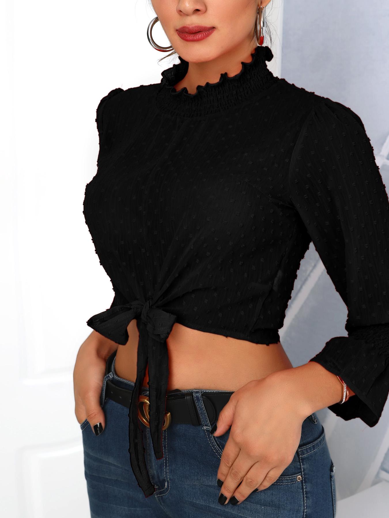 

Dots Shirring Detail Knot Front Blouse
