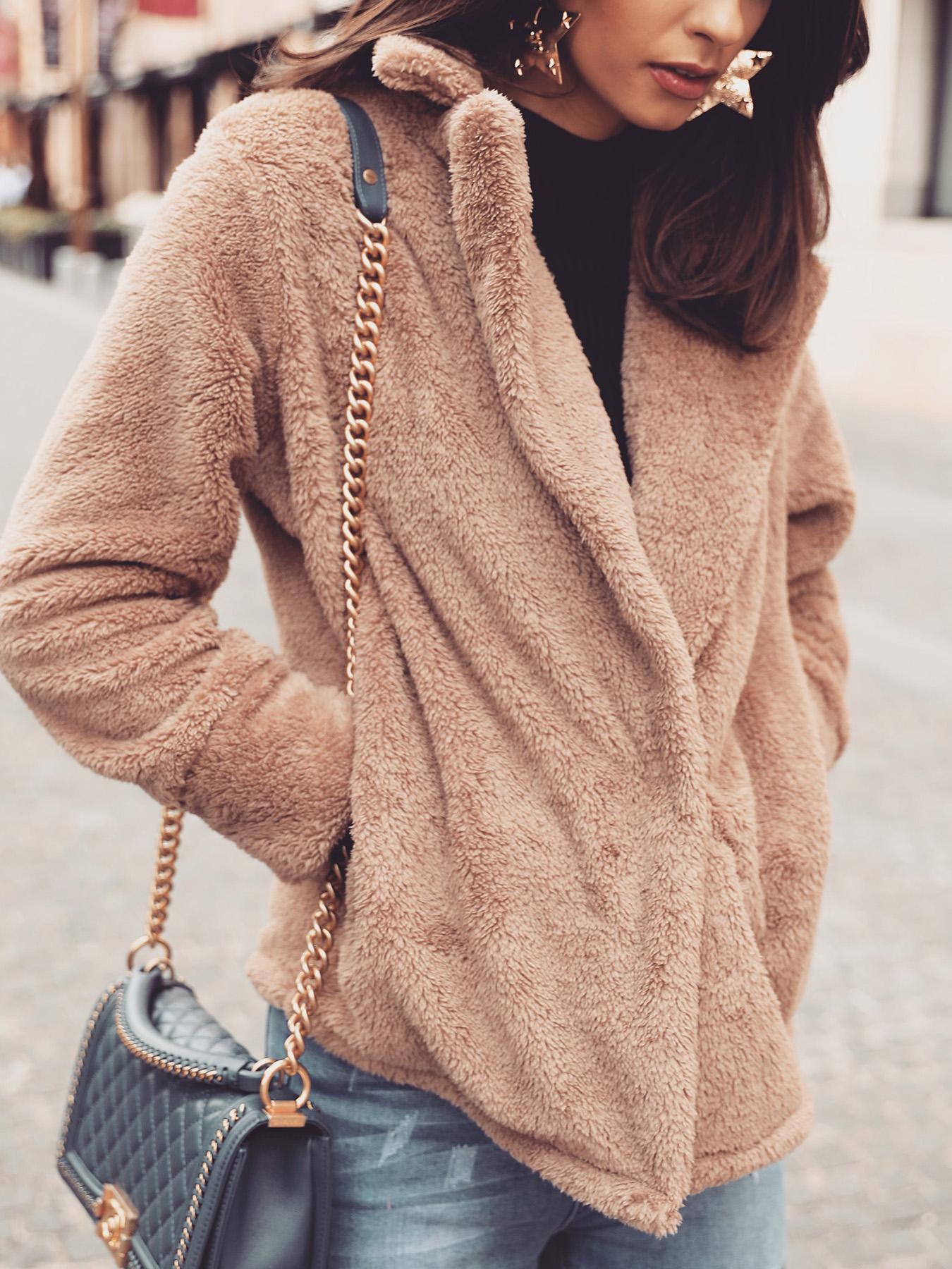 

Solid Fluffy Pocket Design Long Sleeve Coat
