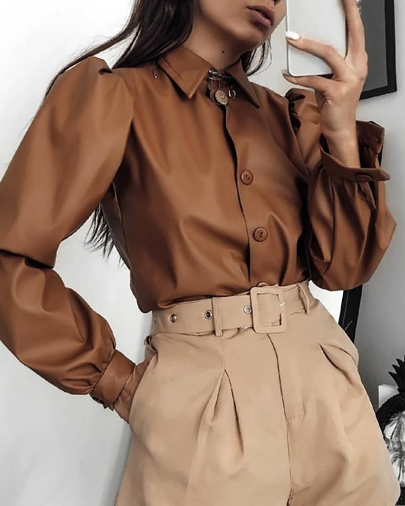 

Solid Turn-down Collar Puff Sleeve Buttoned PU Shirt, Brown