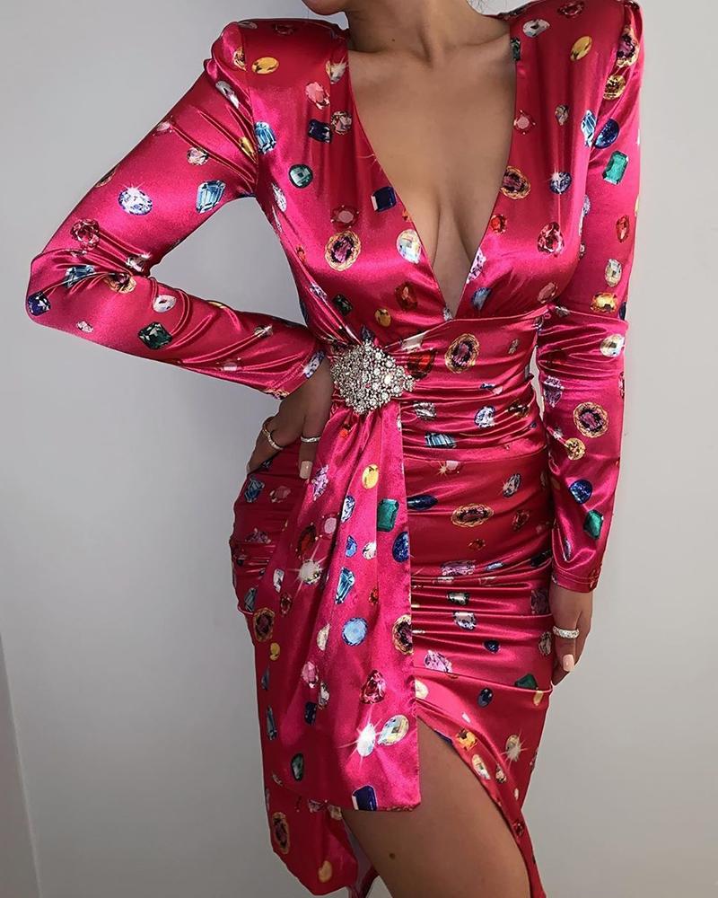 

Diamond Print Plunge Ruched Slit Party Dress, Hot pink