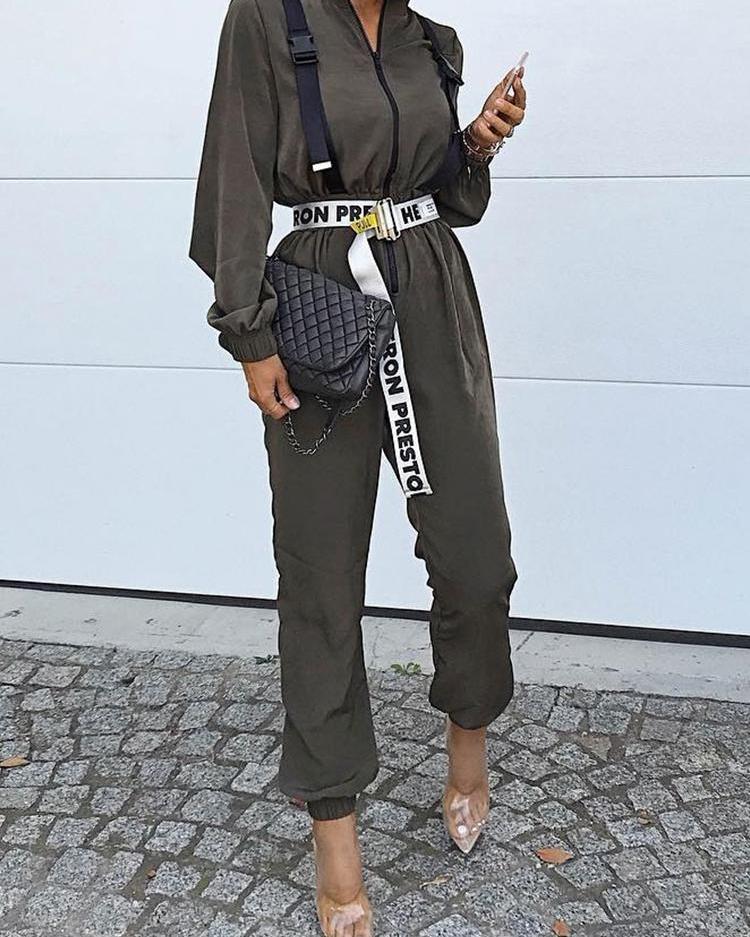 

Solid Zipper Design Casual Jumpsuit, Army green