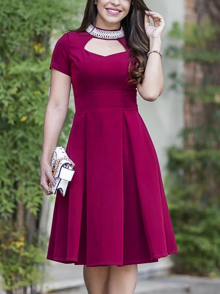 

Shiny Embellished Neck Cutout Pleated Dress