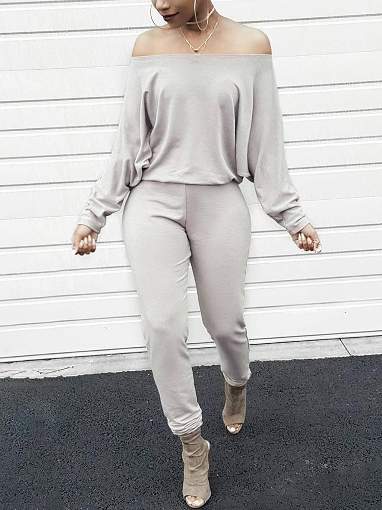 

Fashion Solid Off Shoulder Shirring Waist Jumpsuit