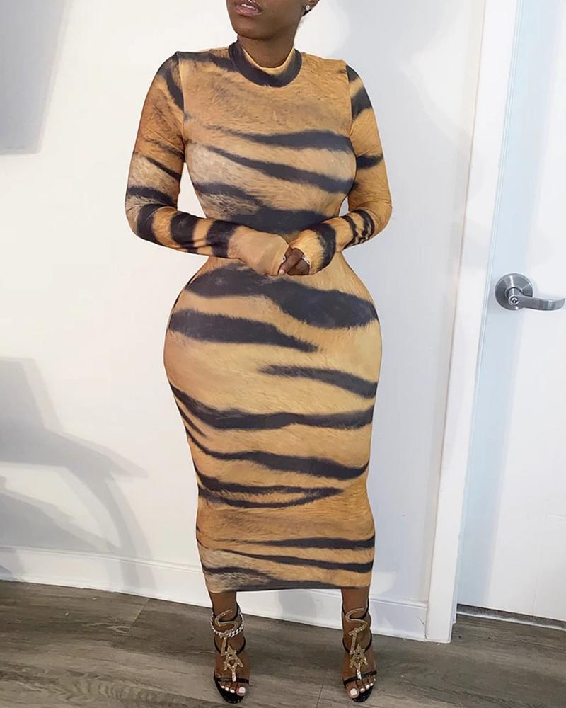 

Tiger Print Long Sleeve Midi Dress, Yellow