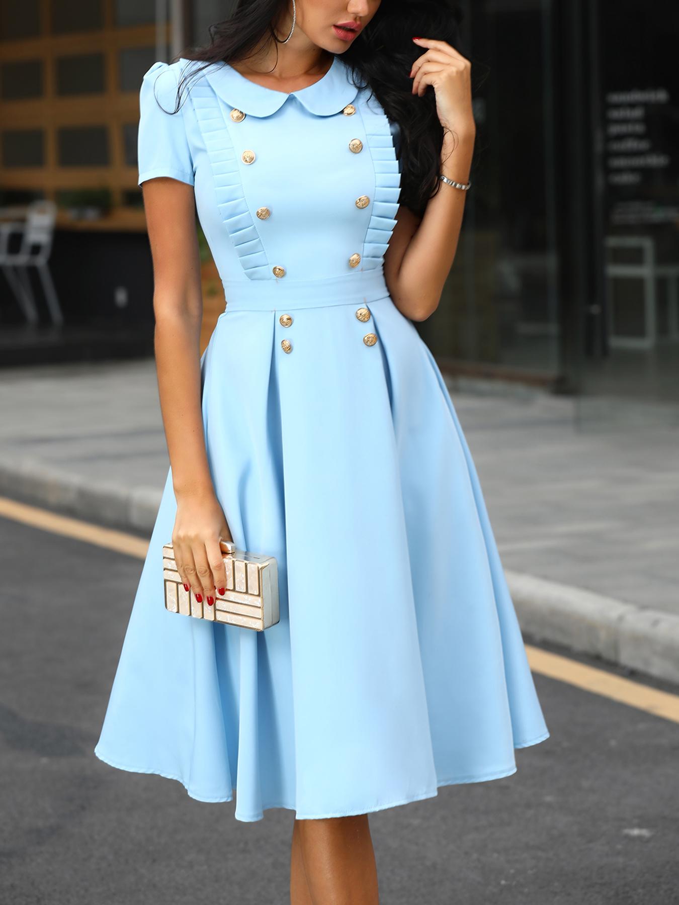 

Buttoned Short Sleeve Ruched Pleated Dress, Light blue