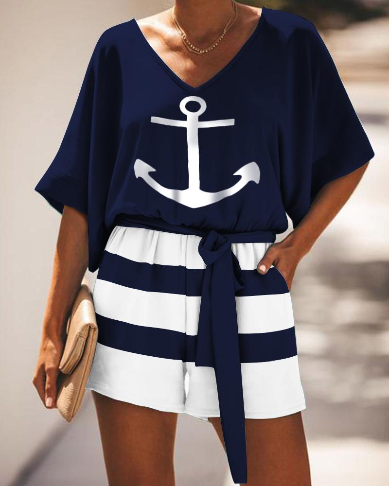 

Boat Anchor Print Striped Drawstring Romper, Dark blue