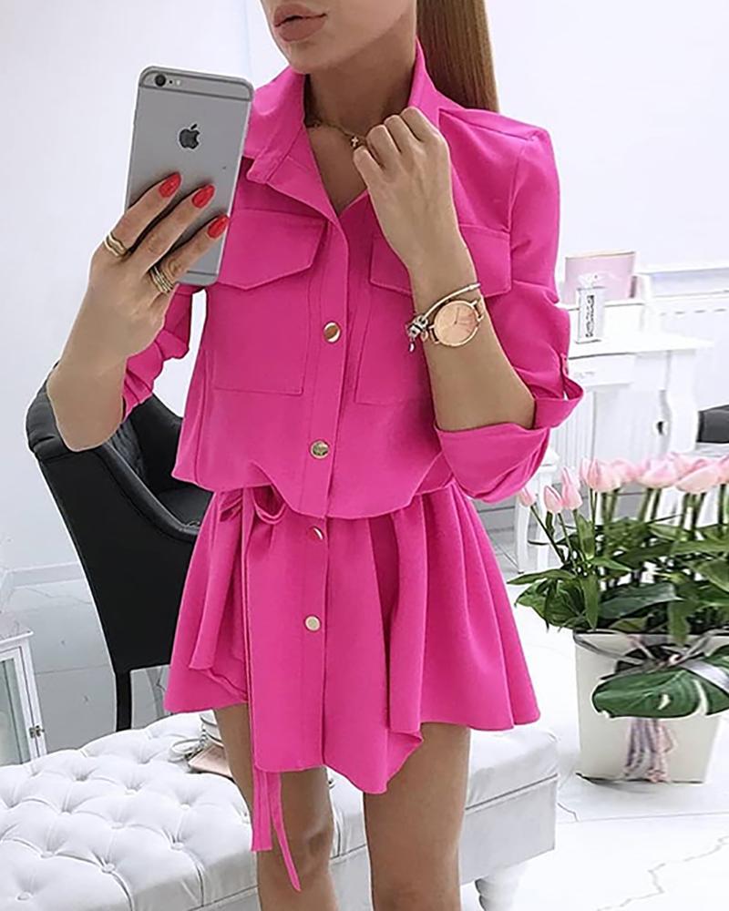 

Long Sleeve Pocket Design Irregular Shirt Dress, Hot pink