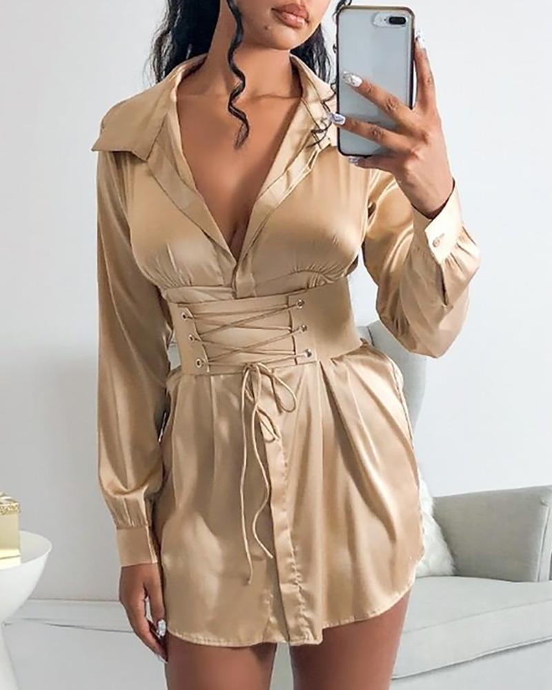 

Eyelet Lace-Up Tight Waist Shirt Dress, Gold