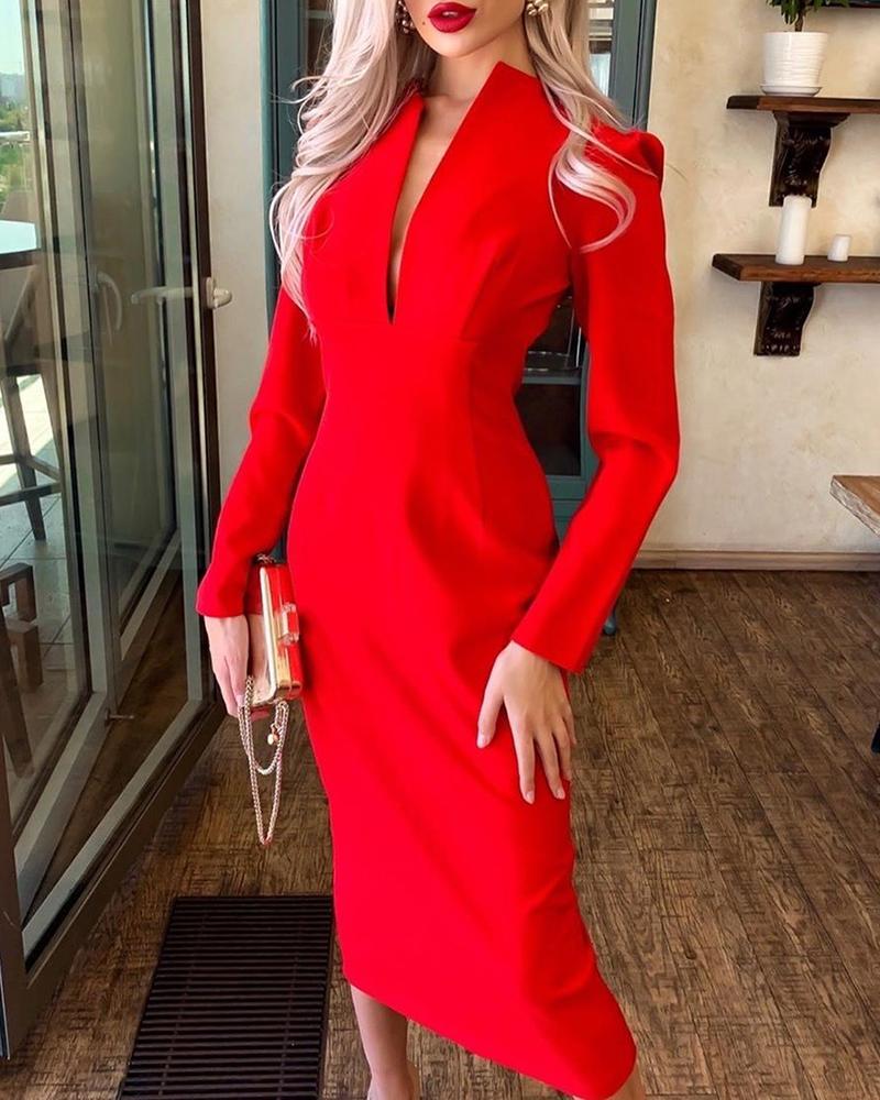 

Solid Plunge Long Sleeve Midi Dress, Red