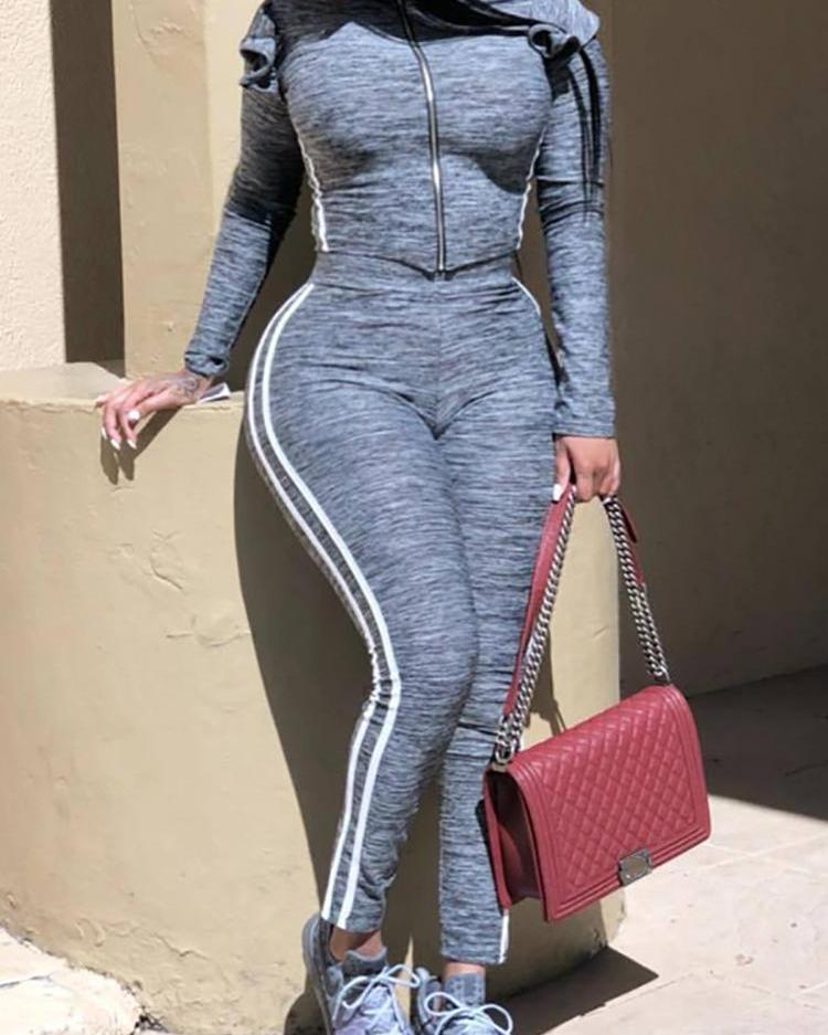

Frill Detail Striped Tape Zipper Top & Pant Sets, Gray