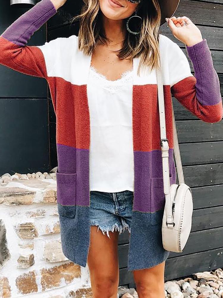 

Colorblock Striped Open Front Casual Cardigan, Red