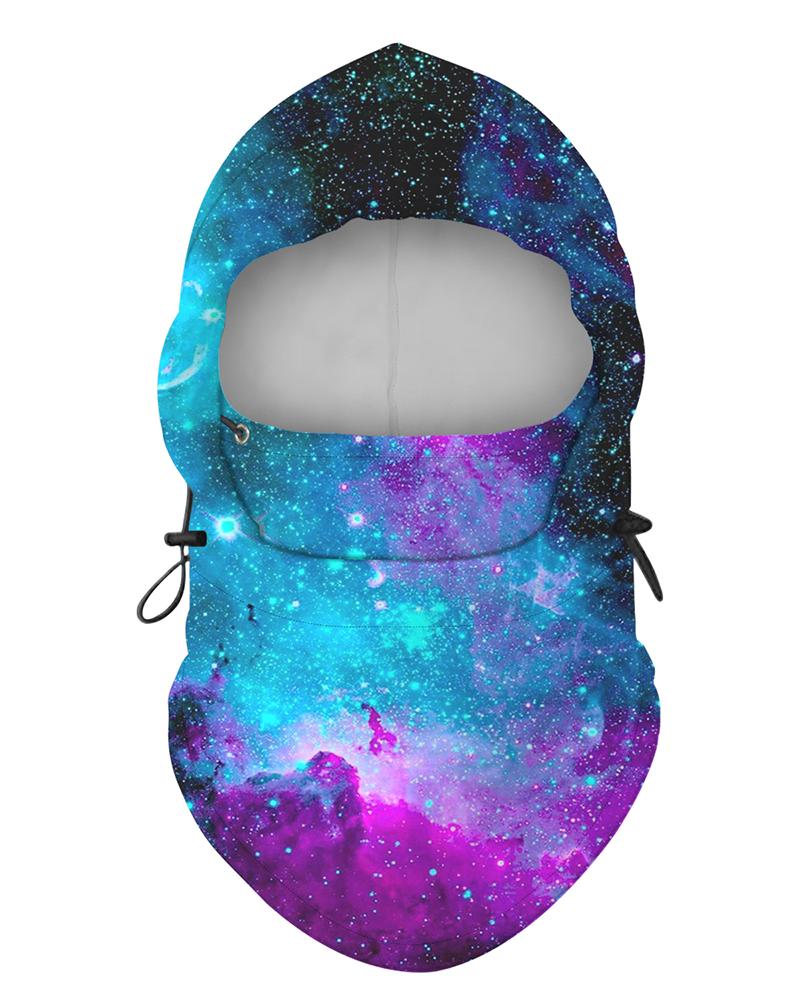 

Starry Sky Print Colorblock Polar Fleece Hood Adjustable Face Bandana, Blue
