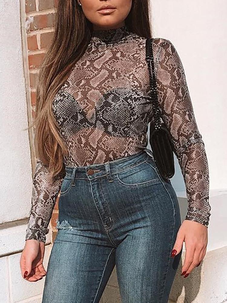 

Snakeskin Print See Through Bodysuit