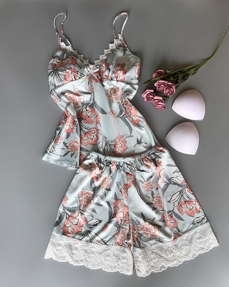 

Spaghetti Strap Floral Print Trim Cami Set, Green