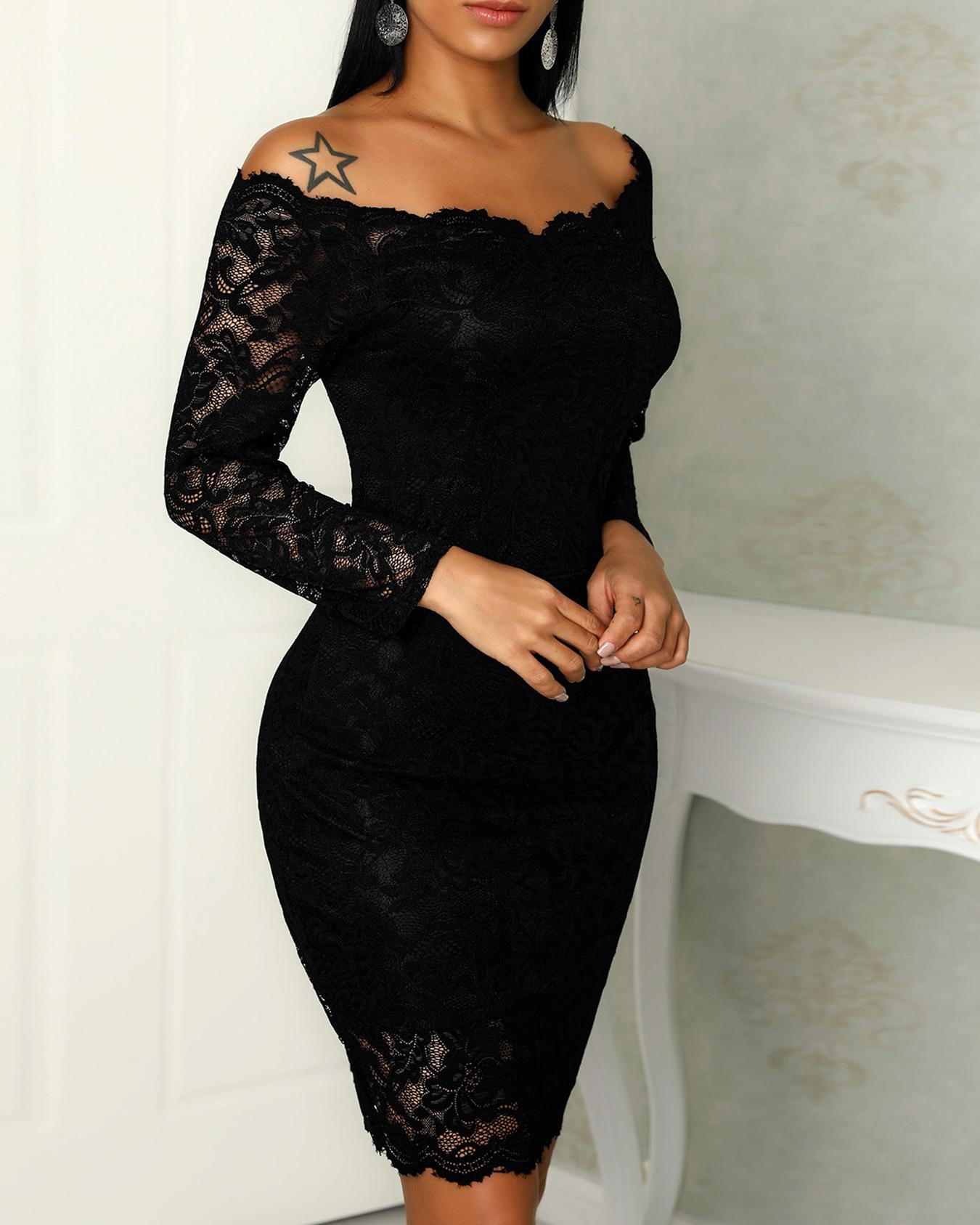 

Lace Crochet Slash Neck Bodycon Dress, Black