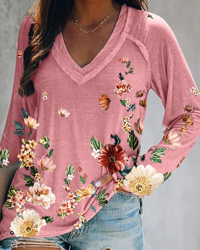 

Floral Print Long Sleeve Blouse, Pink