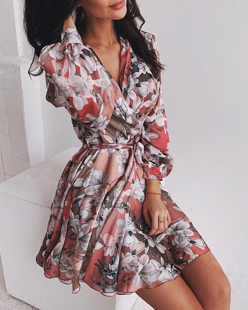 

Floral Print V-Neck Wrap Dress, Red