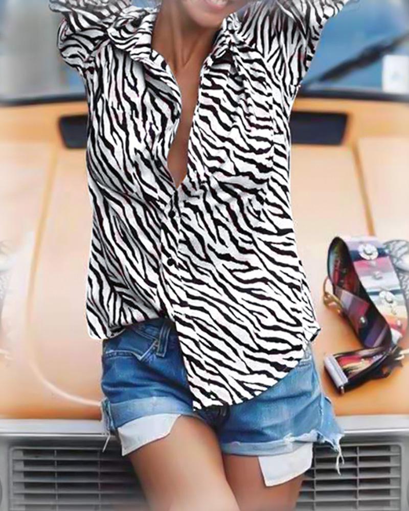 

Zebra Print Bell Sleeve Buttoned Shirt, White