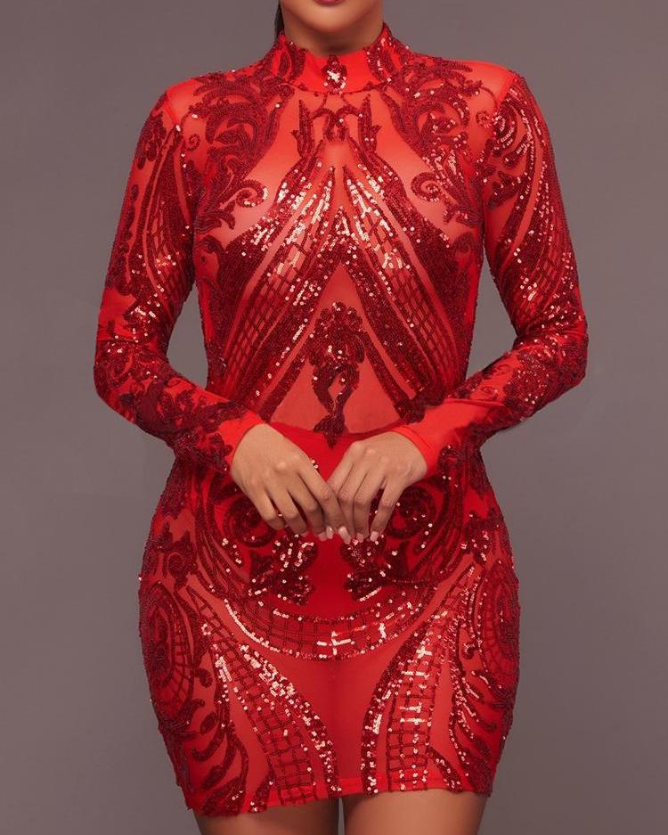 

Long Sleeve Mock Neck Sequin Party Dress, Red