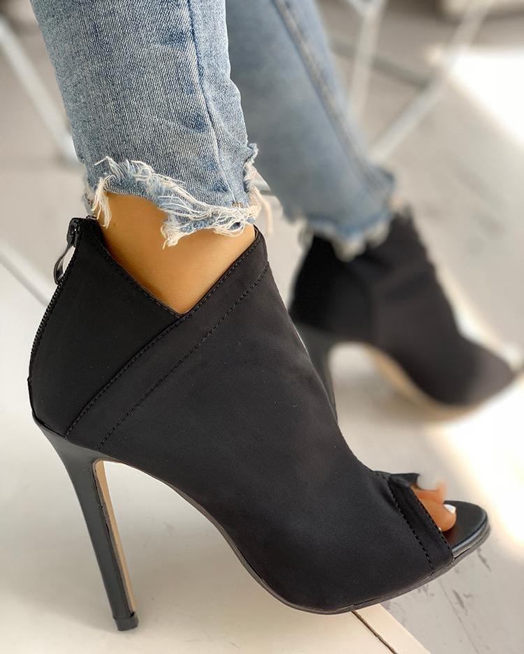 

Solid Peep Toe Zipper Up Thin Heeled Boots, Black