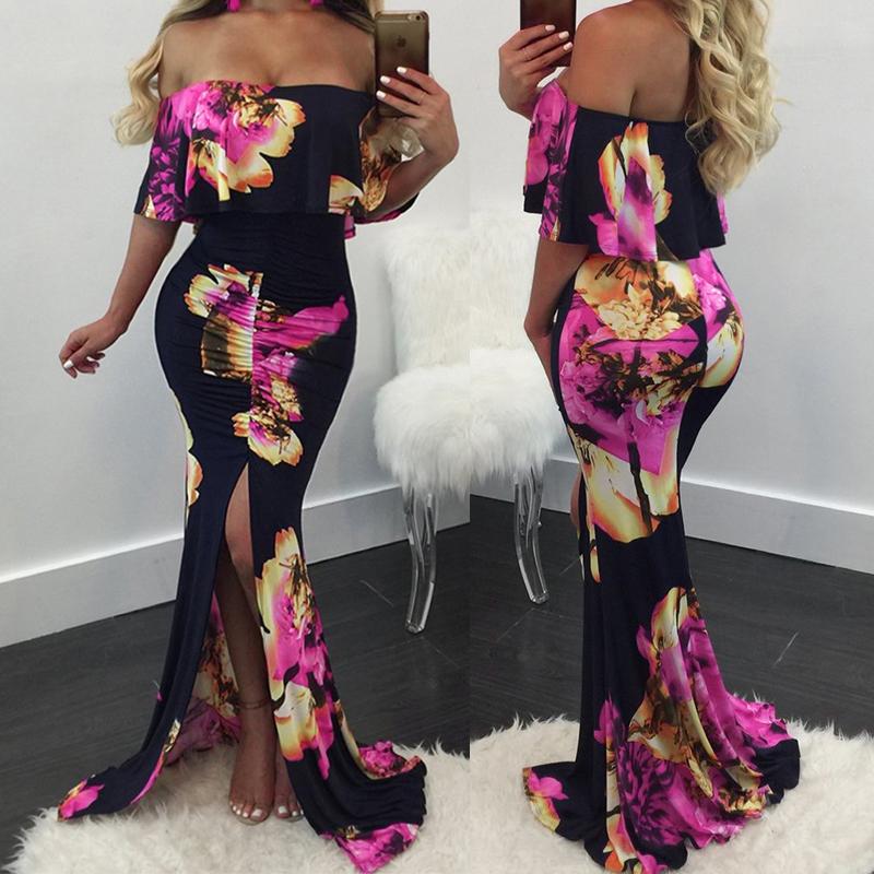 

Ruffled Off Shoulder Split Floral Maxi Mermaid Dress, Black