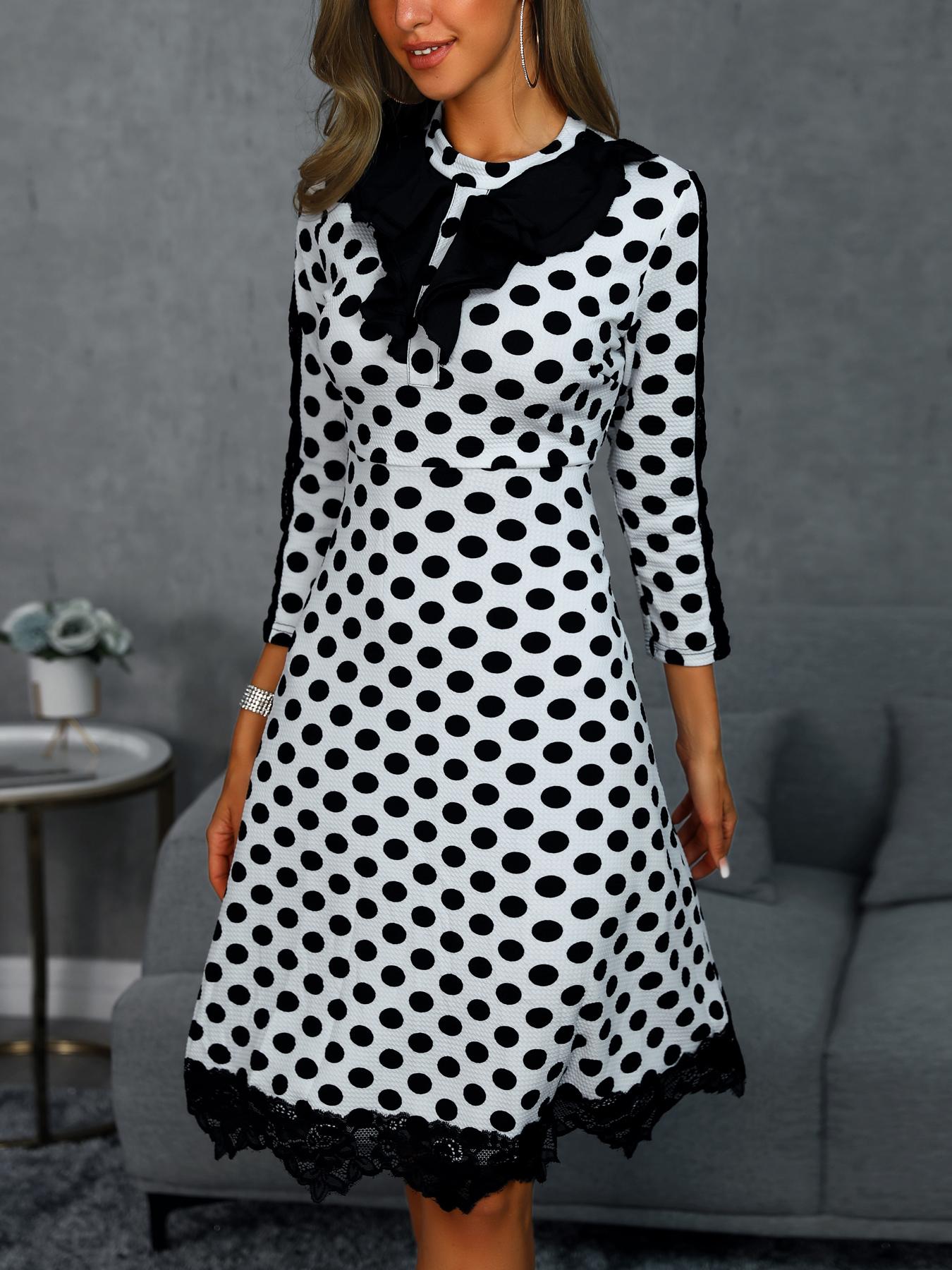 

Dot Lace Insert Long Sleeve Dress, White