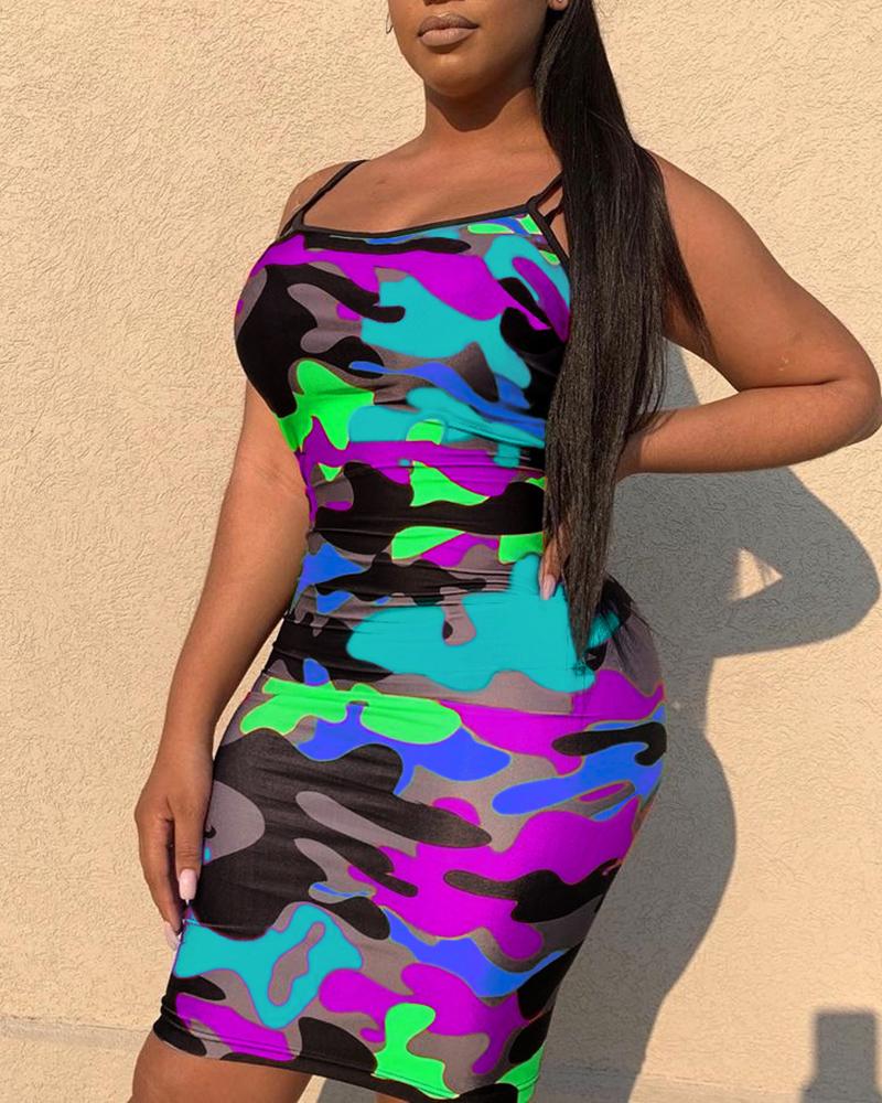 

Spaghetti Strap Camouflage Bodycon Dress, Purple