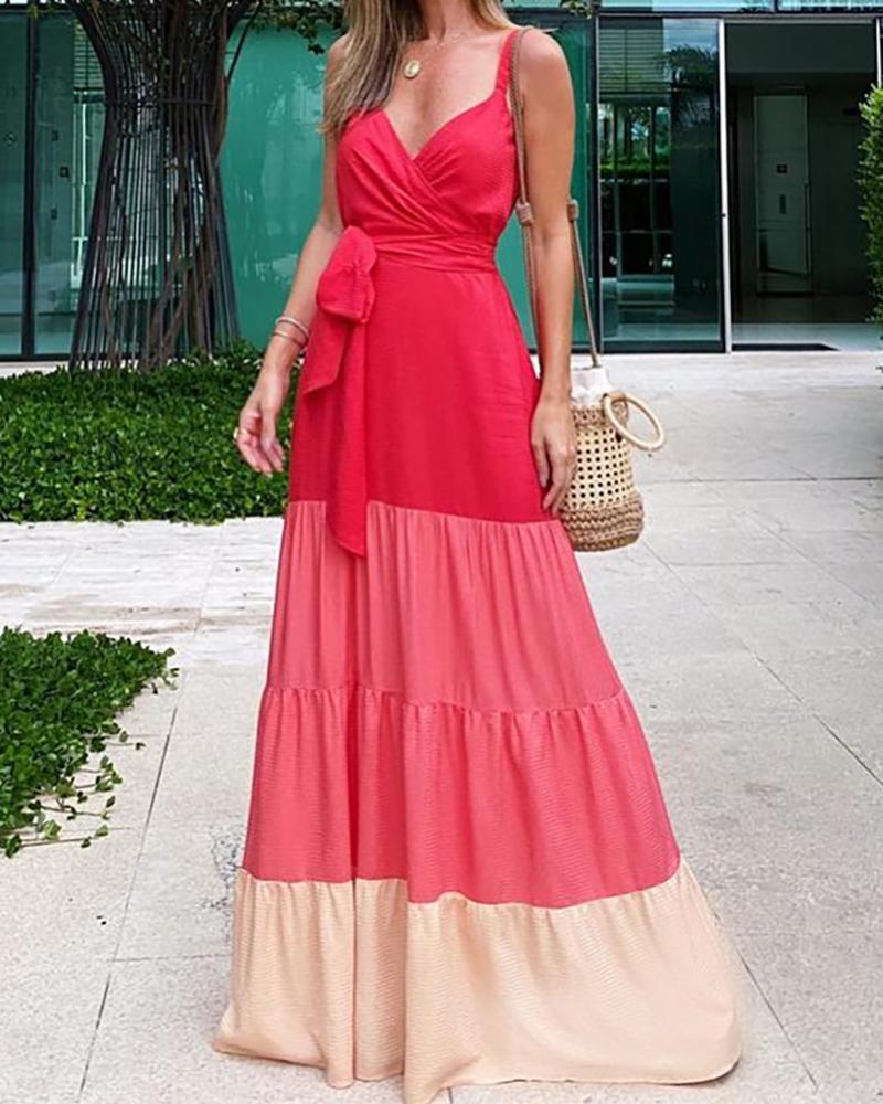 

Colorblock Spaghetti Strap Ruched Ruffles Maxi Dress, Red