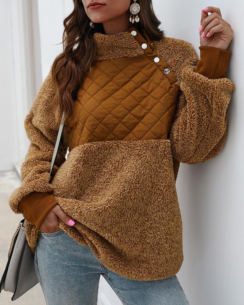 

Fluffy Colorblock Buttoned Detail Casual Sweatshirt, Brown