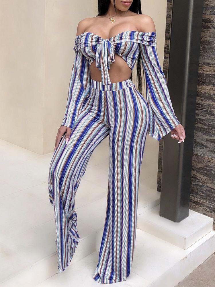 

Colorful Striped Knotted Crop Top&Pants Set