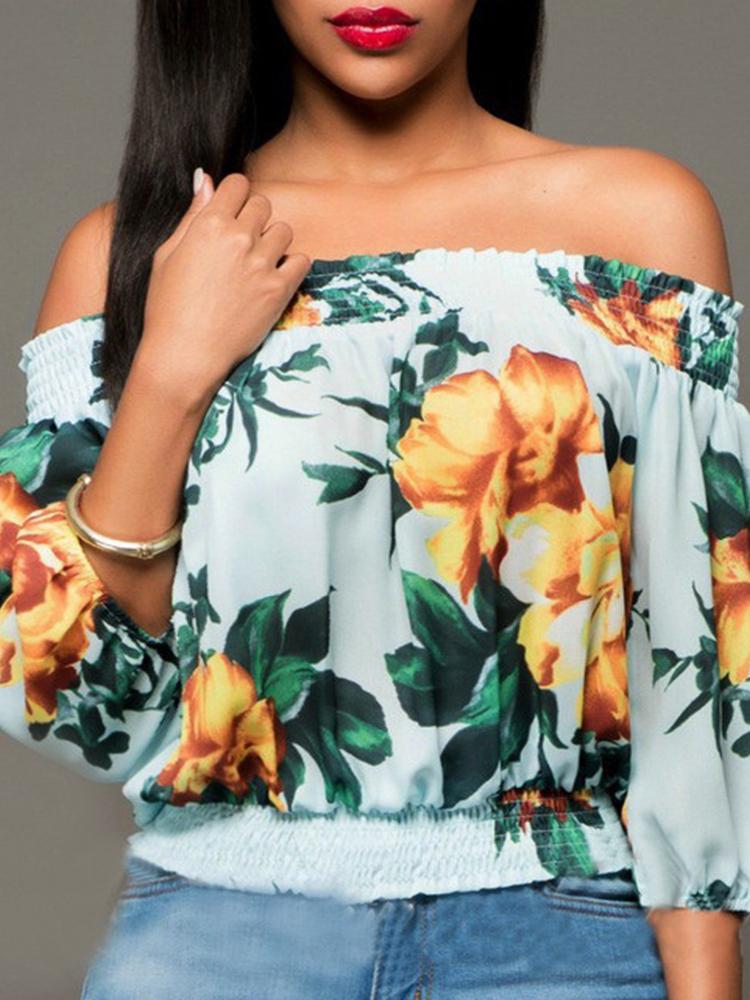 

Sexy 3/4 Sleeve Off Shoulder Flower Printed Blouse, Purplish blue