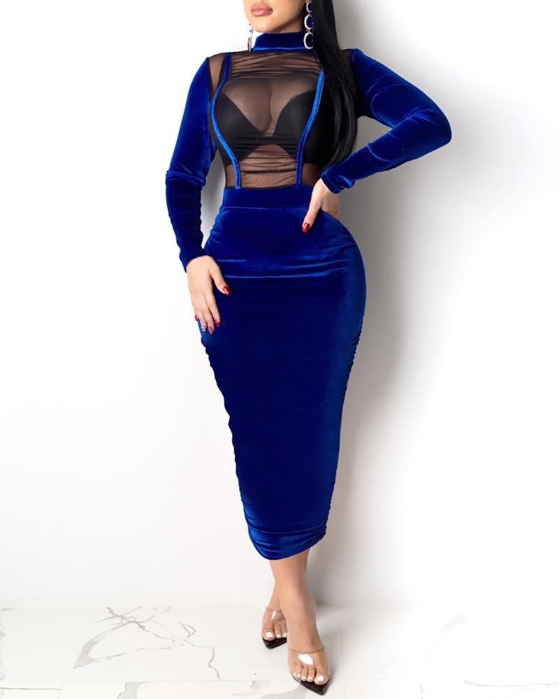 

Sheer Mesh Cut Out Bodycon Velvet Dress, Dark blue