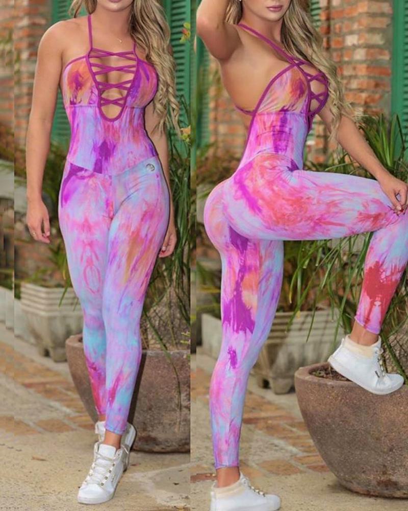 

Tie Dye Print Crisscross Backless Bandage Fitted Jumpsuit, Purple