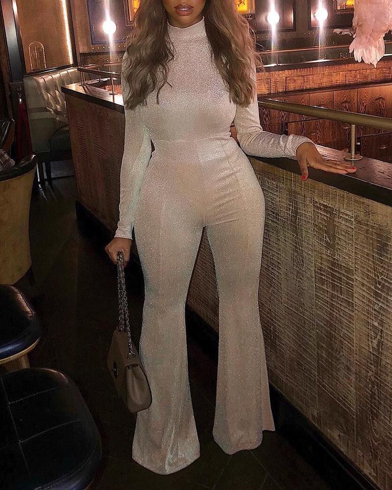 

Glitter Mock Neck Bell-Bottom Jumpsuit, Apricot