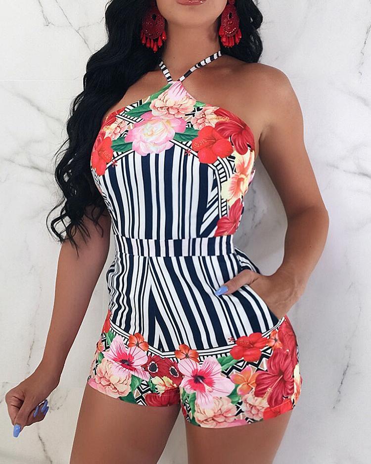 

Floral Print Halter Lace-up Back Romper, White