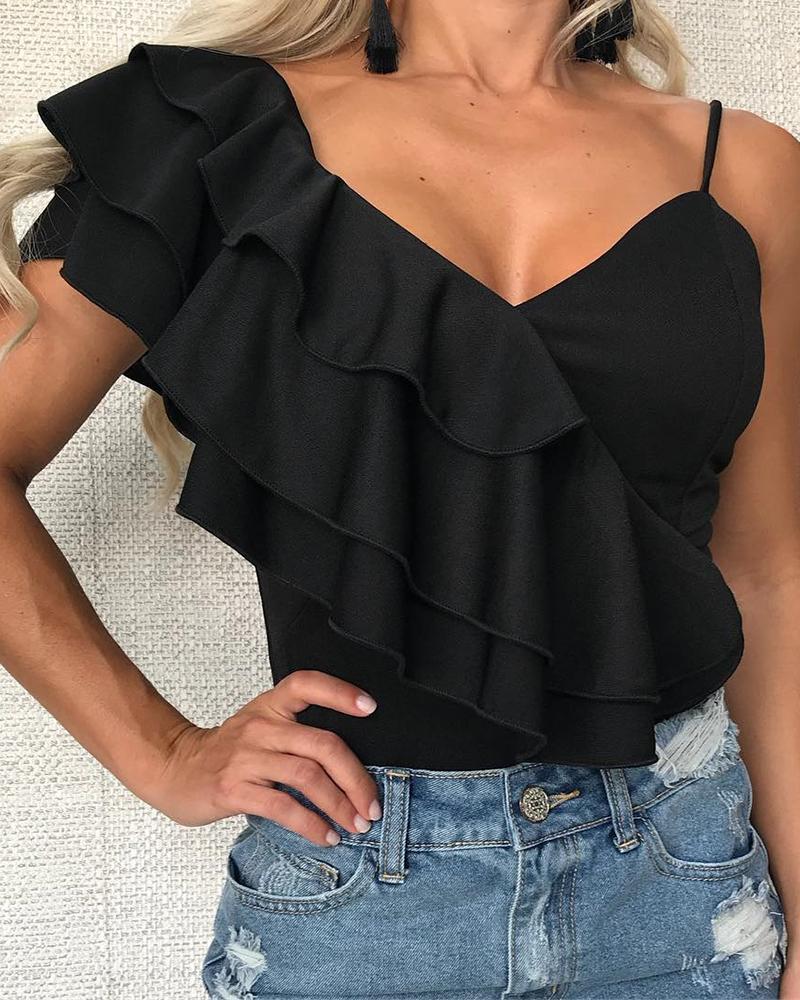 

Ruffles Spaghetti Strap Casual Top, Black