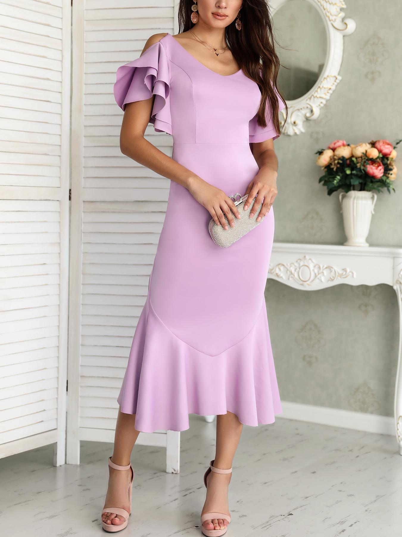 

Solid Ruffles Backless Fishtail Maxi Dress, Purple