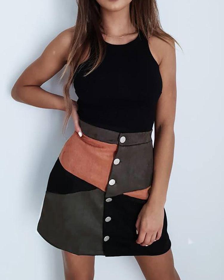 

High Waist Button Colorblock Insert Skirt, Brown