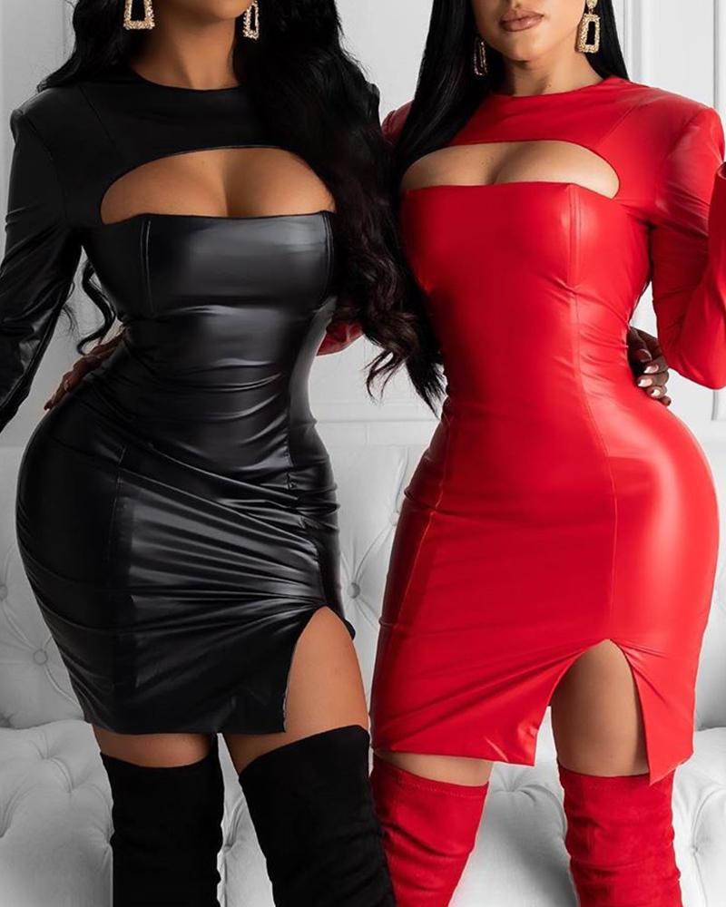 

Faux Leather Cut Out Slit Dress, Black