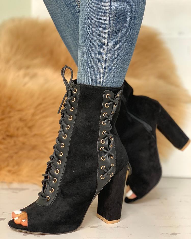 

Suede Peep Toe Lace-Up Chunky Heels, Black