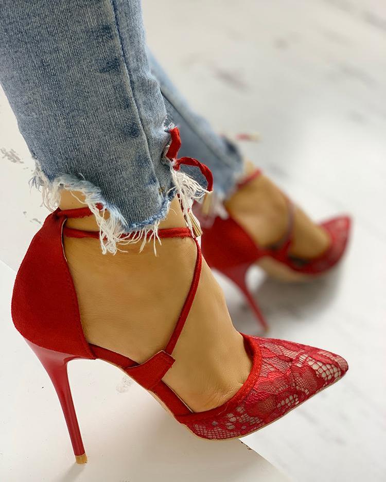 

Lace Hollow Out Lace-Up Thin Heeled Sandals, Red