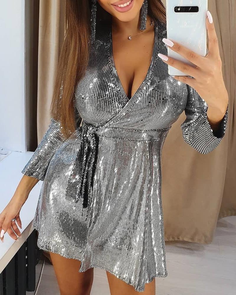 

V-Neck Long Sleeve Sequin Dress, Silver