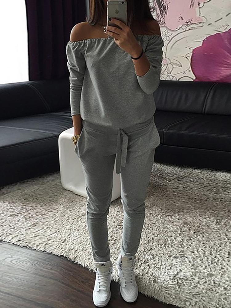 

Solid Off Shoulder Top&Pencil Pants Sets, Gray