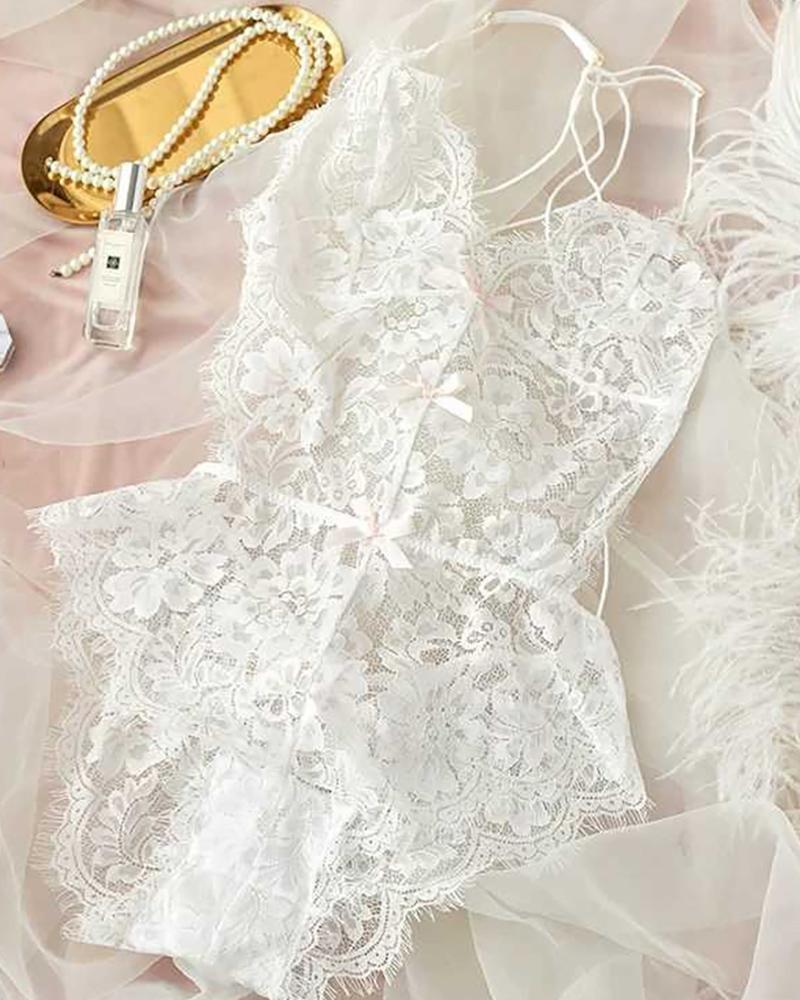 

Bowknot Decor Scallop Trim Lace Teddies, White