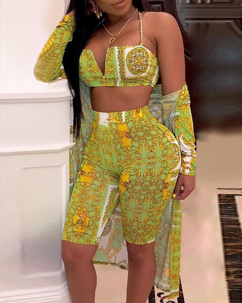 

Retro Print Coat & Spaghetti Strap Crop Top & Short Sets, Yellow